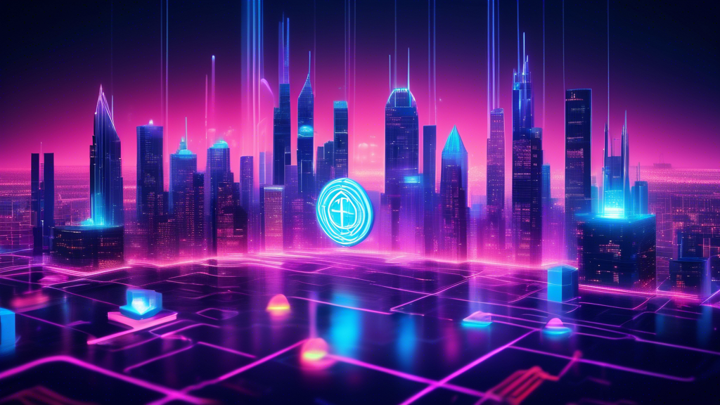 Create an image depicting a futuristic cityscape where the skyline is punctuated by glowing skyscrapers symbolizing crypto nodes. In the foreground, a digital hologram projects a dynamic graph representing Lithium Finance in neon colors, surrounded by abstract symbols of blockchain and currency. The scene embodies a blend of technology and finance, visually conveying the growth potential and evolving nature of Lithium Finance in the cryptocurrency realm. The setting should be vibrant, reflecting an advanced and ever-changing financial future.