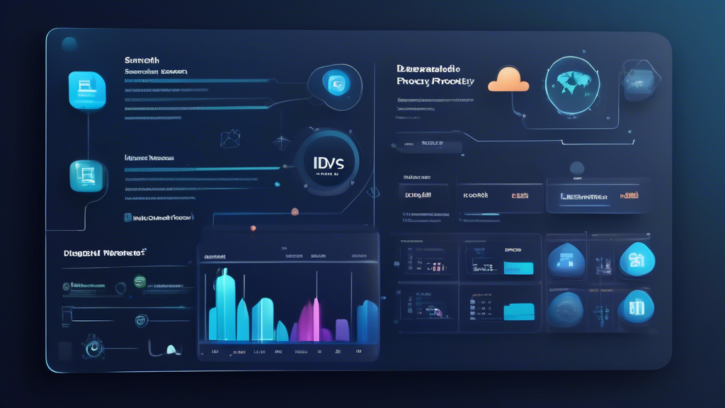 Create an image showcasing an array of digital interfaces each representing a different top-rated Smart DNS Proxy provider. The scene includes visual elements such as user-friendly dashboard layouts, seamless connectivity icons, and security badges, reflecting the strengths and weaknesses of each provider. In the background, incorporate subtle charts and graphs symbolizing user reviews and performance metrics. Include labels or icons to suggest the idea of free trials and user ratings, emphasizing guidance in choosing the best Smart DNS Proxy. The overall aesthetic is modern and tech-savvy, with a focus on comparison and informed decision-making.