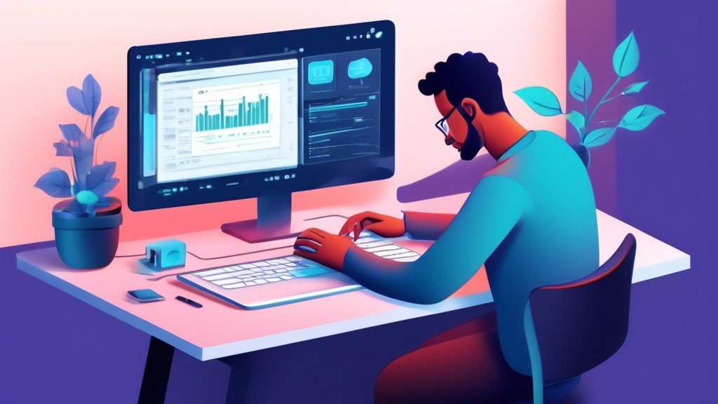 Create an image depicting a digital workspace with a person actively configuring their Smart DNS Proxy on a laptop. The screen displays a user-friendly interface with options for installation and troubleshooting tips highlighted. The workspace is filled with high-tech gadgets and displays a sense of modernity and connectivity, symbolizing the optimization process for achieving maximum performance. The background includes hints of global connectivity, like a world map or digital network lines, emphasizing the theme of enhancing Smart DNS Proxy usage.
