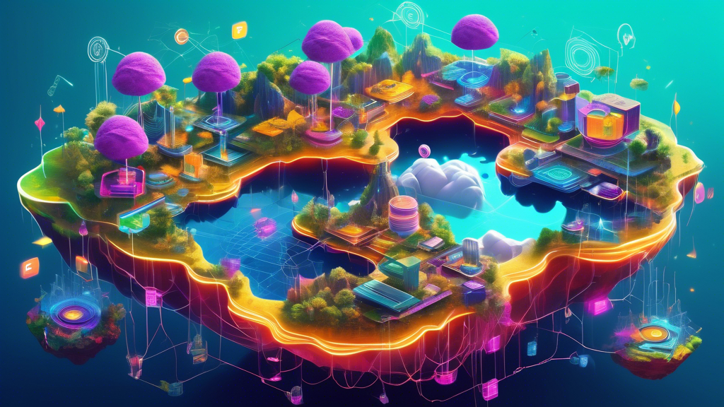 Create an image of a vibrant digital landscape showcasing a variety of virtual platforms represented as floating islands in cyberspace. Each island symbolizes a different reputable free crypto mining platform for beginners, with visual elements highlighting their unique benefits and characteristics. Include graphical representations of user interfaces, digital currency symbols, and computer hardware. A cluster of diverse, enthusiastic avatars symbolizes a community engaged in animated discussions and providing feedback. Overall, the scene should convey a sense of discovery and resourcefulness, helping guide new users in their mining journey without financial investments.