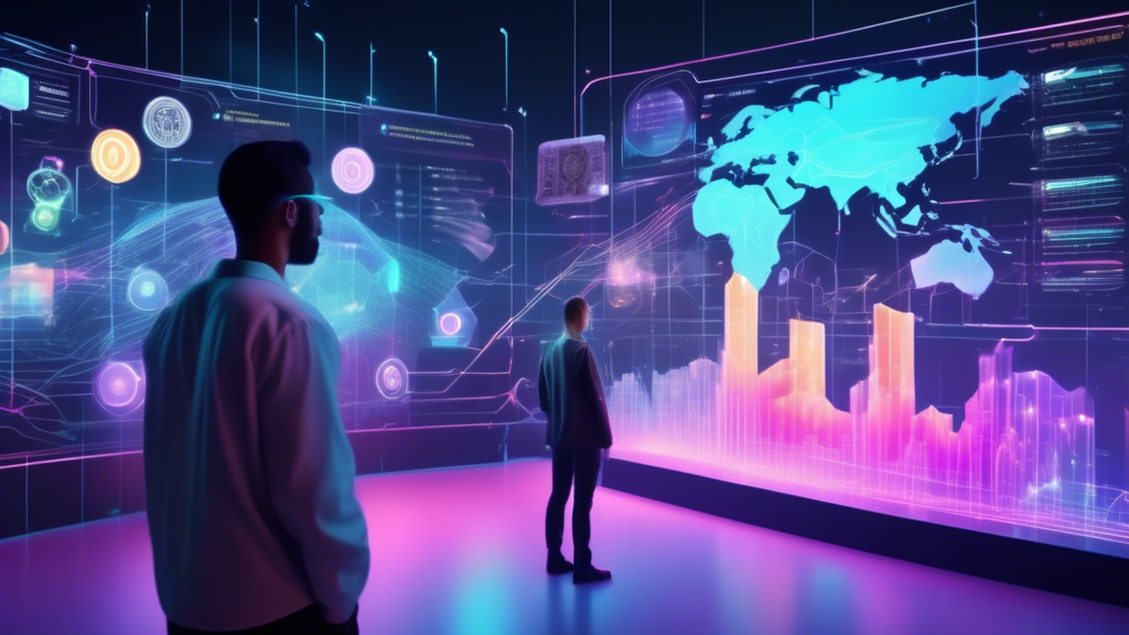 Create an image depicting a futuristic digital landscape where various automated crypto investment platforms are represented as sleek, floating holographic interfaces. Each interface displays critical features like intuitive user interfaces, customization options, security symbols, and customer support icons. In the foreground, a diverse group of individuals examines these holographic platforms, using gestures to navigate through performance charts and user reviews. The background showcases a vibrant, interconnected network, symbolizing the digital crypto ecosystem of the future. Highlight a serene, yet dynamic atmosphere, emphasizing innovation and smart decision-making.