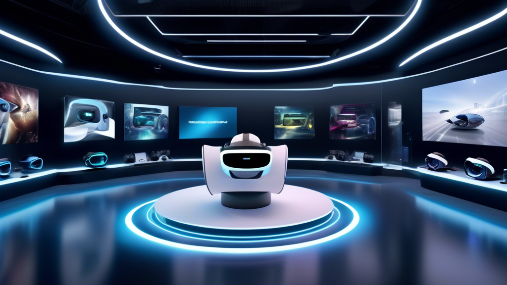 Create an image of a sleek, futuristic showroom displaying the top VR systems of 2023. The scene features an array of advanced VR headsets from major brands, each with a digital information panel highlighting its specifications and unique features such as resolution, refresh rate, and tracking technology. In the background, interactive holographic displays provide user reviews and expert opinions, creating a dynamic and informative experience. The ambiance is modern and tech-savvy, with soft lighting accentuating the cutting-edge design of the devices. The focus is on illustrating a comprehensive comparison of the best VR systems on the market in 2023, catering to enthusiasts and buyers looking for insights into their next VR purchase.