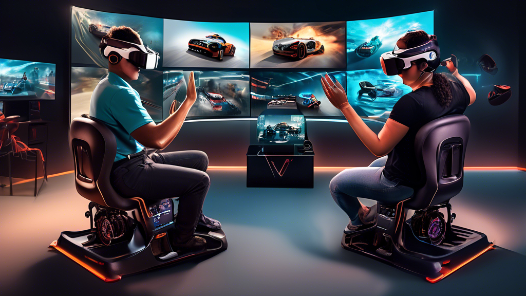 Create an image that depicts a diverse group of individuals engaged in different activities, each using a VR system tailored to their specific needs. One person is immersed in a VR gaming setup, complete with a racing wheel and pedals, showcasing the thrill of virtual racing. Another person, an educator, is using a VR system designed for immersive teaching experiences, surrounded by virtual models of historical landmarks. Meanwhile, a professional is using a high-end VR headset with multiple screens displaying complex data, exemplifying the use of VR in professional applications. The scene should emphasize the compatibility of VR systems with various platforms, and depict a sense of personal customization and adaptability, catering to different preferences and budgets. Include various VR devices such as headsets, controllers, and compatible peripherals to illustrate the concept of VR system choice based on individual requirements.
