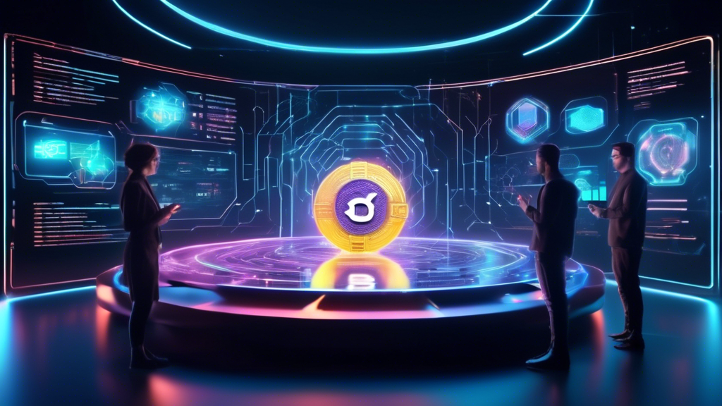 Create an image of a futuristic digital interface displaying holographic screens and AI-powered virtual assistants interacting with users. The scene should depict advanced cryptocurrency app features, showcasing augmented reality elements like 3D graphs and real-time data visualizations. Highlight innovative security measures, represented by digital locks and encryption symbols, seamlessly integrated into the interface. Emphasize a high-tech atmosphere with neon lights and floating cryptocurrency icons, capturing the essence of emerging technologies in the cryptocurrency app landscape.