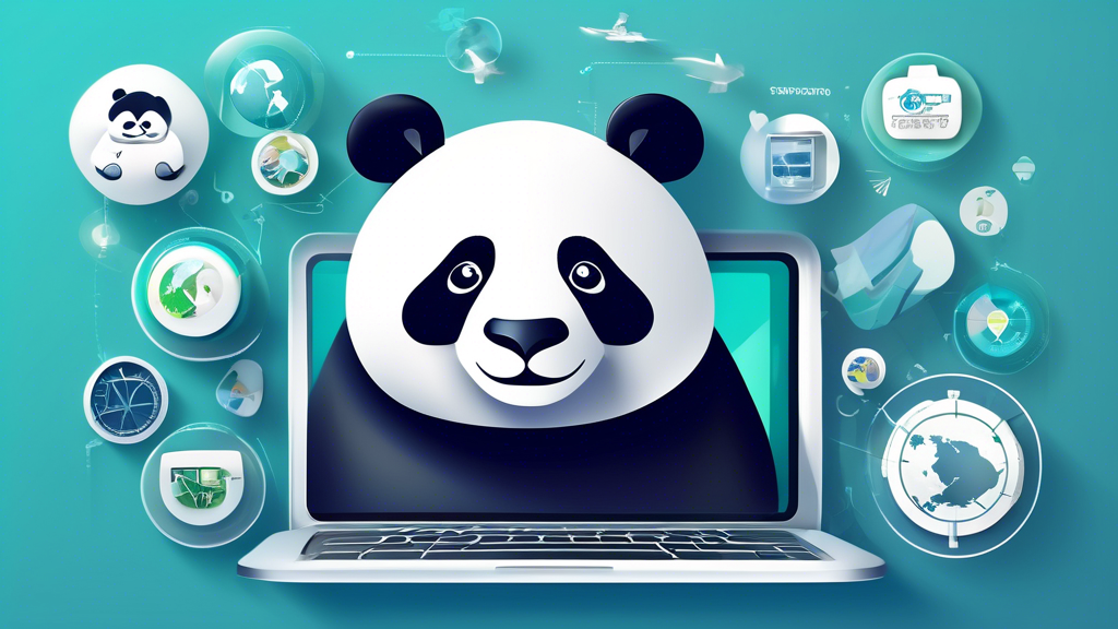 Create a visually engaging illustration that showcases the advantages of Panda VPN, emphasizing performance and accessibility. The image should feature a representation of high-speed internet connectivity, displaying devices like laptops and smartphones accessing geo-restricted content seamlessly. Incorporate elements like a speedometer to indicate fast performance, various global landmarks to symbolize accessing international content, and compatibility icons for different operating systems. Use a modern, tech-inspired color palette to convey a sense of security and reliability associated with Panda VPN.