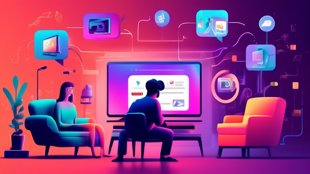 Create an image that showcases the advantages of using a Smart DNS account for streaming and internet security. The scene should depict a person comfortably sitting on a modern couch with a large TV in the background, streaming a popular movie or series. The TV should prominently display icons representing various popular streaming services such as Netflix, Hulu, and Disney+. In the foreground, illustrate abstract digital elements symbolizing enhanced internet security and privacy, such as shield icons and lock symbols. The atmosphere should convey ease, enjoyment, and a sense of secure, unrestricted access to digital content.