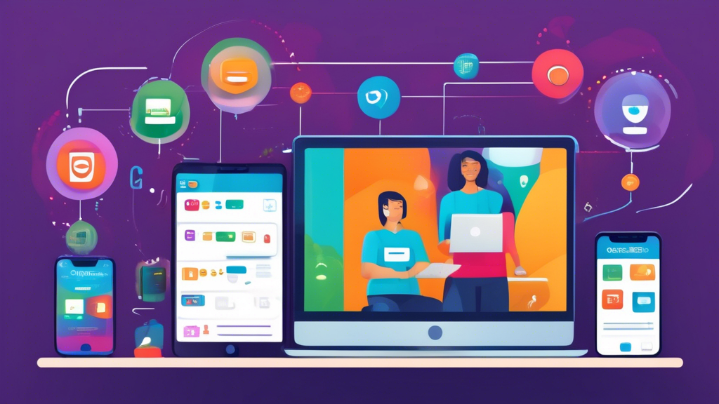 Create an illustration depicting a user-friendly guide to setting up a Smart DNS account across various devices. The image should include a diverse range of internet-connected devices such as a laptop, smartphone, smart TV, and gaming console, each with a step-by-step visual showing the easy configuration process of a Smart DNS service. Use bright, engaging colors and clear icons to represent technical steps in a simplified manner. Highlight keywords like Choose, Configure, and Optimize in bold, playful fonts to emphasize the process of maximizing benefits. The overall aesthetic should convey simplicity and accessibility for a wide range of users.