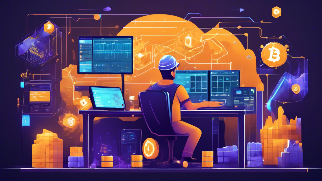 Create an image depicting a digital workspace of a crypto miner focused on optimizing their setup for maximum profitability. The scene should feature an array of high-tech computer equipment, including modern mining hardware and multiple computer screens displaying real-time cryptocurrency mining graphs and statistics. Include visual elements that represent strategizing, such as sticky notes with mining tips and a calendar marked with important mining updates. Add a few iconic cryptocurrency symbols floating above the monitors to symbolize the choice of profitable cryptocurrencies. The setting should evoke a sense of high-tech efficiency and profitability in the world of online mining crypto.