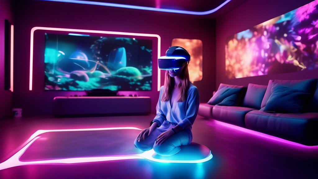 Create an image of a person wearing the Sony VR 2 headset in a futuristic, vibrant living room setting. The room is filled with holographic elements and interactive virtual objects that seem to blend seamlessly with reality, showcasing the immersive and realistic experience offered by the headset. The person