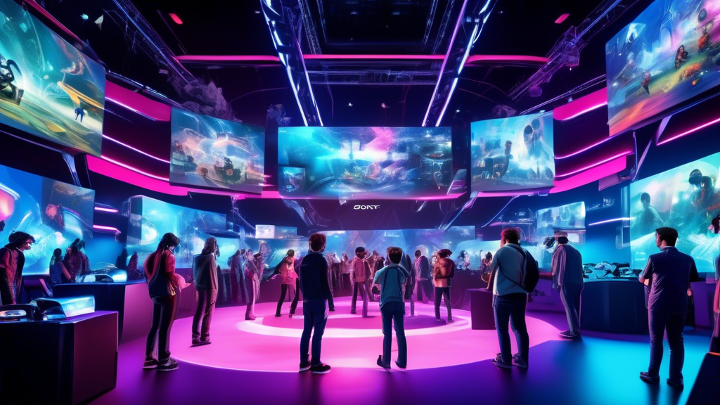 A futuristic scene depicting a vibrant gaming convention showcasing the Sony VR 2. The image features excited gamers of all ages using the VR headsets in various innovative ways, interacting with cutting-edge technology that transforms the gaming experience. The bustling atmosphere is filled with holographic displays and digital billboards highlighting Sony VR 2 Marktinnovation. In the foreground, a visionary presenter demos the VR equipment, captivating an audience with the promise of the future of gaming. The setting reflects a transformative moment where interactive technology and creativity converge, illustrating Sony VR 2