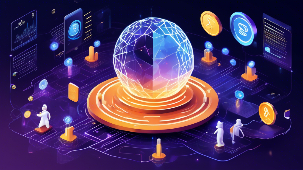 Create an image that depicts the role of Luna Finance Crypto within the digital financial ecosystem, showcasing its influence in the broader cryptocurrency market. The visual should illustrate real-world applications and use cases, such as transactions, smart contracts, and digital wallets, intertwined with Luna Finance