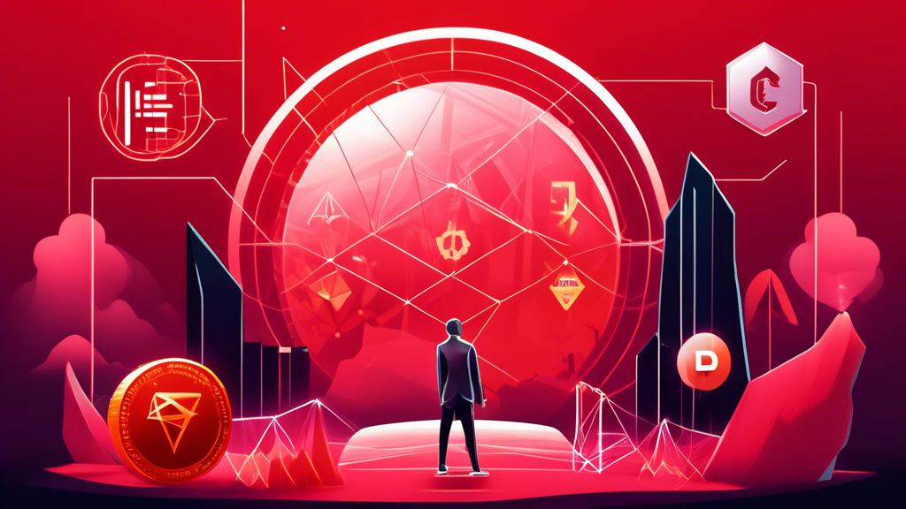 Create an image that visually represents the concept of investing in Luna Finance Crypto. The scene shows a futuristic digital landscape with elements representing both risks and opportunities. On one side, depict digital growth and prosperity symbols, like upward graphs, digital coins, and a glowing blockchain network. On the other side, portray cautionary symbols such as red flags and question marks amidst a complex web of cryptocurrencies. In the center, a discerning investor evaluates the scene with augmented reality glasses and holds a tablet displaying real-time Luna Finance data and analysis. The overall tone should be dynamic, reflecting both the potential and volatility of the cryptocurrency market.