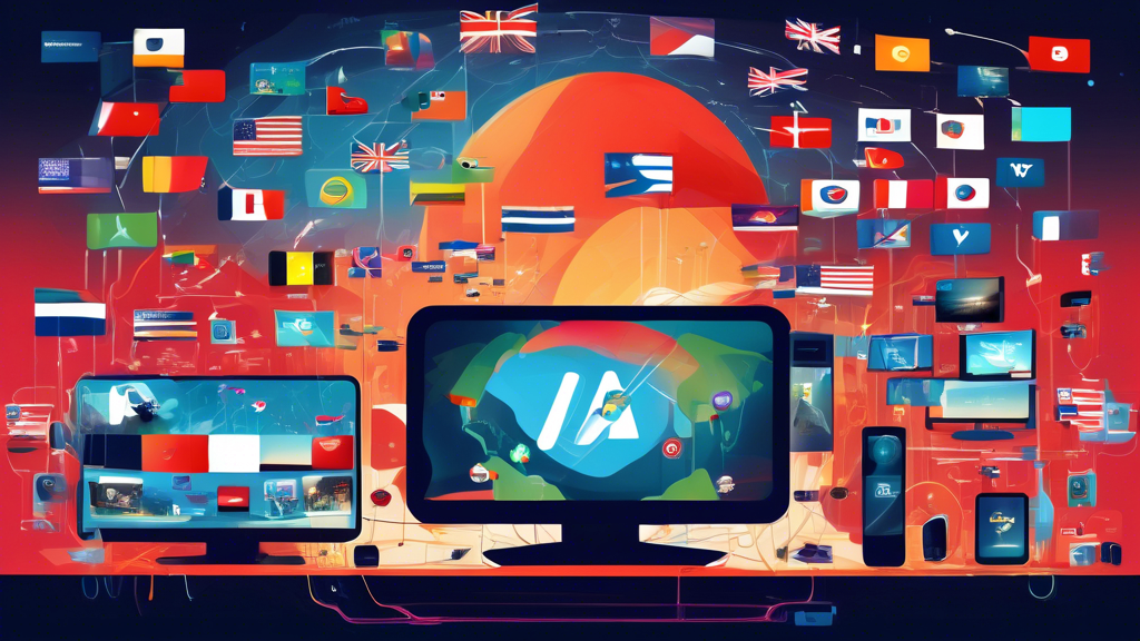 Create an image featuring a dynamic and futuristic digital landscape showcasing multiple screens and devices (TV, computer, smartphone, tablet, gaming console) seamlessly streaming diverse content from around the world. Emphasize a sense of connectivity and access by illustrating icons of flags and various media platforms as if orbiting the devices. Include subtle visual comparisons with a VPN, such as faster performance icons and simplified network pathways, to highlight the efficiency and versatility of using a Smart DNS for streaming, gaming, and accessing restricted content.