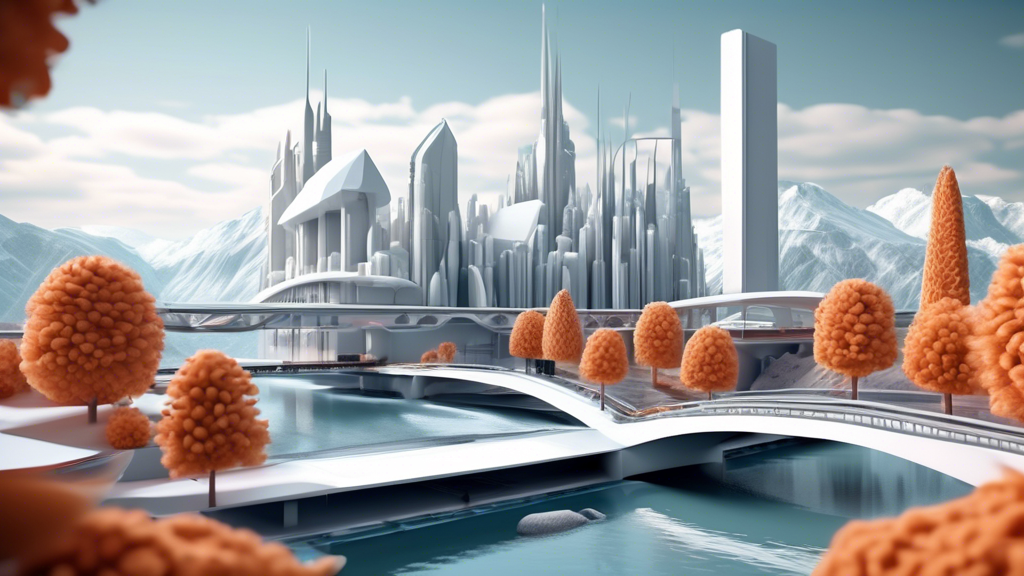 Create a digital artwork depicting a futuristic Swiss landscape where advanced 3D printers are integrated seamlessly into urban and industrial settings. Show a cityscape with sleek, modern architecture and businesses using cutting-edge 3D printing technologies. Include elements like 3D-printed bridges, buildings, and public sculptures. Illustrate a sense of clean energy and innovation, with Swiss landmarks subtly incorporated. Add visual cues of new technological trends and the dynamic interaction between society and technology, highlighting the potential positive impacts on the Swiss economy and society. Emphasize themes of innovation, sustainability, and progressive development.