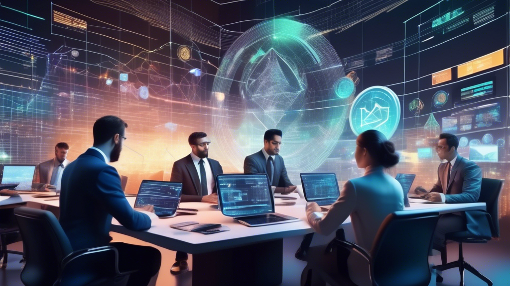 Create an image that visually represents the evaluation process of upcoming crypto coins for investment. The scene should depict a futuristic, digital workspace filled with holographic screens displaying various metrics and charts related to cryptocurrency. In the foreground, a diverse group of individuals in modern business attire are critically analyzing the data with expressions of concentration. The holographic screens should feature elements like coin logos, market trend lines, statistical data, and news alerts. Add subtle hints of blockchain aesthetics, like hexagonal patterns or digital nodes, to emphasize the technological aspect. The overall atmosphere should be dynamic and informed, capturing the essence of careful and insightful evaluation in the crypto space.