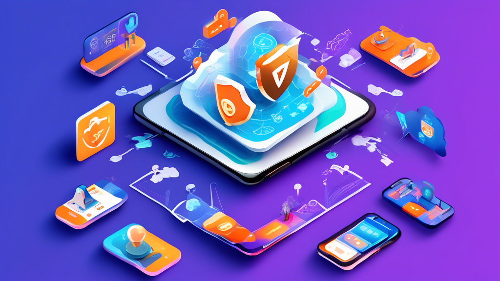 Create an informative and visually engaging illustration that represents the top 5 best VPN apps of 2023. The image should include a digital collage showcasing the logos of popular VPN applications, with icons symbolizing their unique features (such as streaming, anonymity, and travel security). Additionally, include a background that evokes a sense of online safety, such as a locked padlock or shield symbol, along with a globe to represent global connectivity. The overall mood should be modern and tech-savvy, appealing to users seeking the best VPN app for their needs.