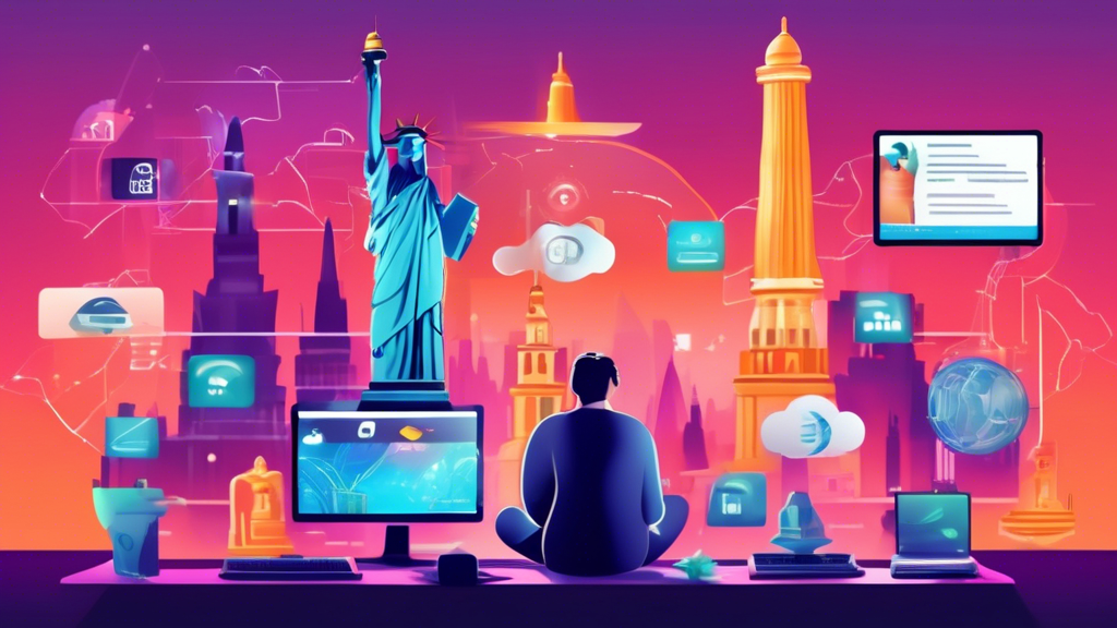 Create an image that visually represents the advantages of using Smart DNS Proxy Com for streaming and online security. The scene should depict a person enjoying international streaming content on multiple devices, like a laptop, tablet, and smart TV, with iconic monuments from around the world subtly appearing on the screens. In the background, include digital elements symbolizing enhanced online privacy and fast, secure browsing, such as a shield icon and fast-moving data streams. The overall aesthetic should be modern and tech-savvy, with a sense of connectivity and global accessibility.