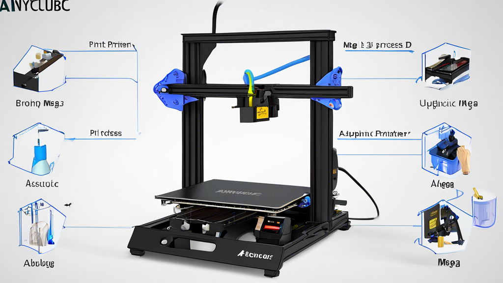 Create an image illustrating the setup process of the Anycubic i3 Mega 3D printer. The focus should be on assembling the various components, leveling the print bed, and uploading the first 3D print file. The scene should depict a workspace with detailed visuals of hands engaging in each step, showcasing tools and parts like a screwdriver, spool of filament, and a computer screen displaying 3D design software. Emphasize a clear, organized instructional vibe that conveys preparation and readiness for a seamless 3D printing experience.