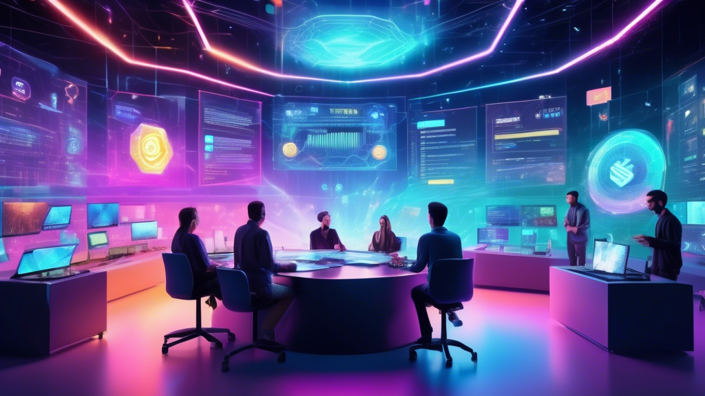 A futuristic digital landscape filled with holographic displays and virtual currencies floating around. In the foreground, a diverse group of enthusiastic individuals study a large interactive screen that showcases strategies for optimizing free online crypto mining. The screen features graphs, energy consumption charts, and a network of referral links. The atmosphere is one of collaboration and cutting-edge technology. Bright colors and glowing digital effects emphasize the innovation and dynamism of the crypto world. Keywords subtly integrated into the image: maximize crypto mining online free, free mining strategies, online free crypto mining tips.