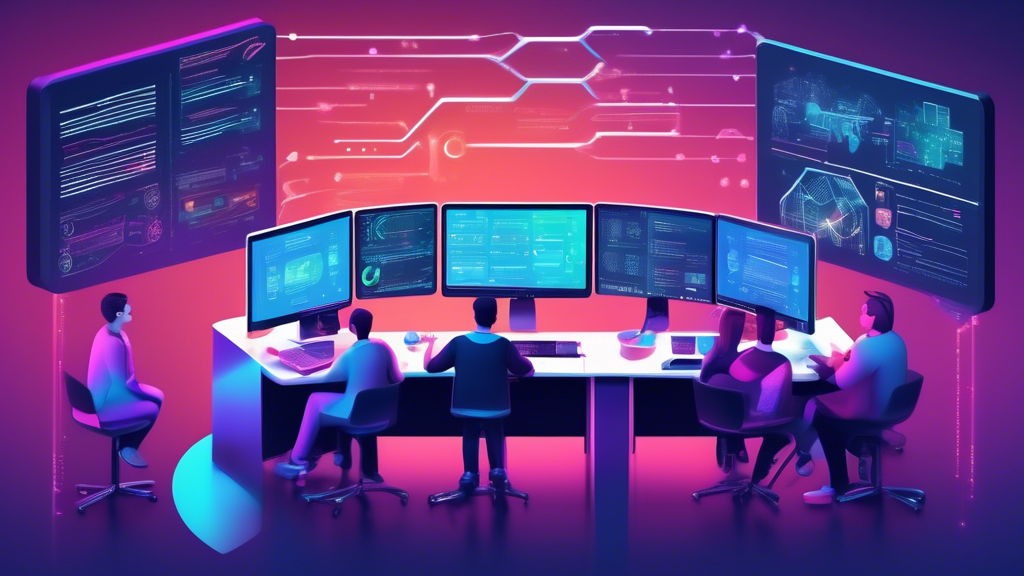 Create an image showcasing a futuristic digital workspace where developers are optimizing the use of SmartDNS with GitHub. The scene includes virtual monitors displaying code and network diagrams with highlighted pathways for data flow between SmartDNS and GitHub. A diverse team of developers is collaborating, some seated and others standing around a central holographic display illustrating successful integration case studies. The background features abstract elements representing the digital evolution and future of software integration. Include visual motifs of progress and technological advancement throughout the environment.