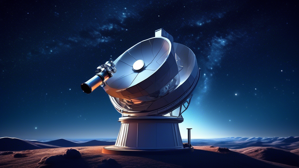 Create an image depicting a futuristic and sleek 3D-Bresser telescope situated atop a remote observatory under a star-studded night sky. The telescope is actively engaged in deep space exploration, capturing a vivid, holographic representation of a distant galaxy being projected in mid-air. The scene conveys a sense of scientific discovery, highlighting the advanced capabilities of the 3D-Bresser technology in enhancing the accuracy and efficiency of astronomical observations. The observatory is surrounded by digital displays showing data and images from recent astronomical breakthroughs made possible by this innovative telescope.