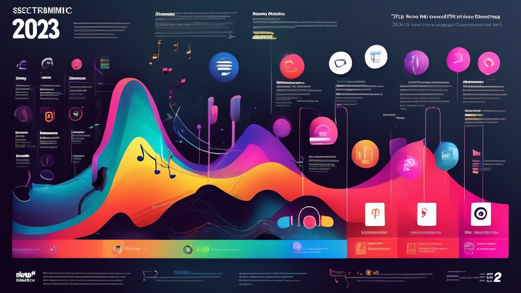 Create a visually engaging infographic that illustrates tips for selecting the ideal music streaming service in 2023. Include elements such as genre considerations, personalization features, offline functionality, price comparisons for students and families, and future trends in technology. Use vibrant colors, modern icons, and easy-to-read text to make the information accessible and appealing. The overall design should convey a sense of innovation and exploration in the world of digital music.