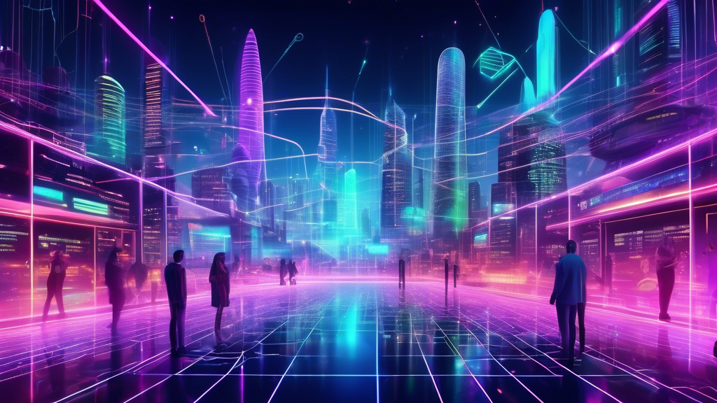 Imagine an image depicting the future of Mercurial Finance in a rapidly evolving crypto landscape. The scene is a futuristic cityscape bathed in neon lights, representing growth trajectories and emerging opportunities. In the foreground, holographic charts and digital symbols float, symbolizing the expansion into untapped markets and strategic partnerships. Above, a dynamic network of interconnected glowing lines illustrates the challenges of regulatory hurdles and market volatility. The skyline reflects a harmonious blend of innovation and stability, capturing Mercurial Finance