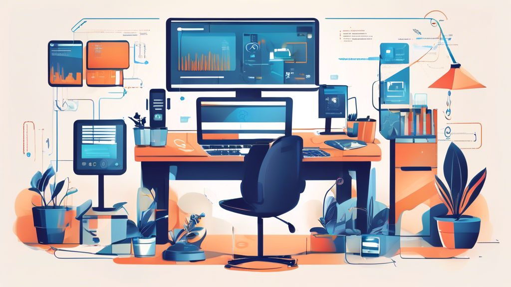 Create an illustration of a modern workspace showcasing various devices syncing wirelessly. A person is configuring Overplay Smart DNS across a desktop computer, a smartphone, and a smart TV. The scene should highlight the step-by-step setup process with visual elements like numbered checklists or floating icons indicating progress. Include subtle visual tips for optimizing performance and resolving common setup issues, with a futuristic design aesthetic representing the year 2023. Keywords such as configuration Overplay Smart DNS, installation Overplay Smart DNS, and utilisation Overplay Smart DNS should be artfully incorporated into the image.