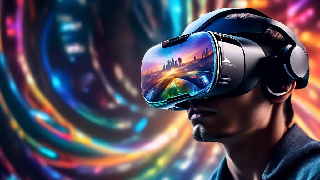 Create an imaginative and detailed image showcasing the technical sophistication of the Meta Virtual Reality Headset. The scene should focus on a close-up of the headset, highlighting its key innovations such as glowing, futuristic holographic displays and sleek, user-friendly interfaces. Inside the lens, depict a mesmerizing virtual landscape filled with dynamic, colorful visuals reflecting the advanced graphics capabilities. Include elements like digital blueprints and circuit-like patterns around the headset to represent next-gen processors, conveying a sense of cutting-edge technology. The background should blend seamlessly with the theme, hinting at the depth and expansiveness of virtual worlds waiting to be explored by modern gaming enthusiasts.
