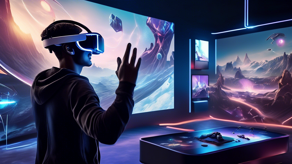Create an image depicting a futuristic gaming world shaped by Meta Virtual Reality Headsets. The scene should showcase gamers immersed in a hyper-realistic multiplayer environment, interacting seamlessly in a virtual arena filled with dynamic holographic landscapes and avatars. Each player wears a sleek Meta VR headset, illustrating advanced features like motion tracking and social connectivity through virtual gestures and expressions. The background should highlight emerging trends with floating digital icons symbolizing upcoming VR innovations and challenges, while a virtual cityscape looms – representing Meta
