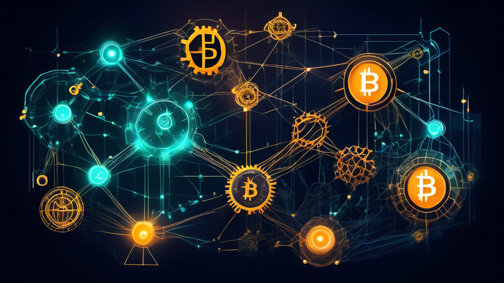 Create an image depicting the technological essence of Method Finance Crypto. Visualize a futuristic blockchain network with glowing, interconnected nodes representing enhanced security features. Incorporate digital safeguards and elements symbolizing speed and reliability, such as gears or circuitry, illustrating how Method Finance improves traditional crypto transactions. The scene should evoke a sense of trust, advancement, and innovation in the world of digital finance.