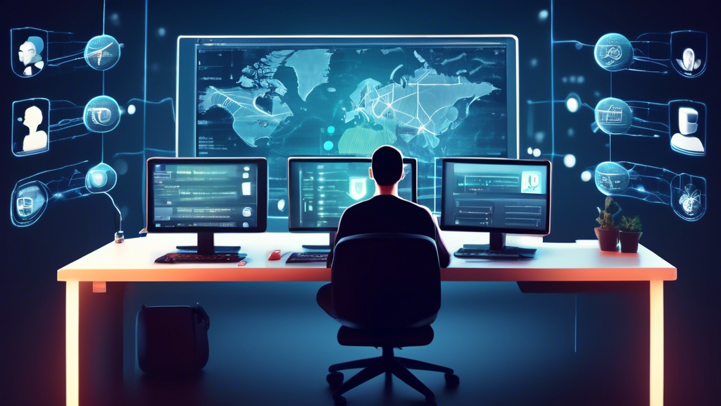 Create an image that depicts a user sitting at a desk, with a computer monitor displaying multiple open windows related to network settings. The user is thoughtfully selecting a VPN option from a list, while another section of the screen shows a DNS settings interface. The atmosphere should convey a sense of focus and concentration, with digital elements like data streams and network symbols subtly integrated into the background. The image should include visual cues to represent bypassing restrictions, such as arrows and pathways, emphasizing the theme of circumventing a SmartDNS using alternative methods.