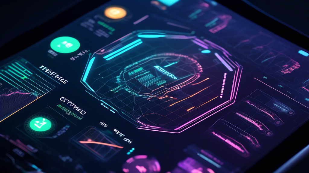 Create an image that features a futuristic digital interface displaying various trading strategies for a crypto automated trading bot. The screen should have graphs, charts, and code snippets that represent algorithmic decisions being made in real-time. Include visual elements that symbolize risk management, such as a digital shield and financial tools. The background should hint at market trends with abstract visuals of ascending and descending lines, while the foreground shows customization inputs for trading parameters. The overall feel should be tech-savvy and innovative, capturing the essence of optimizing a trading bot for maximum profitability in the dynamic world of cryptocurrency trading.