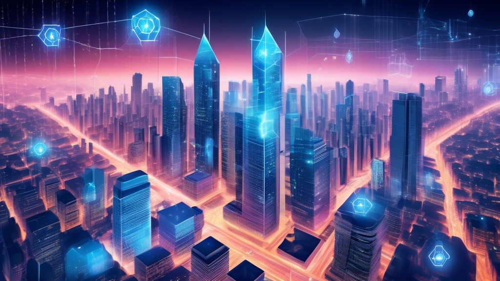 Create an image that illustrates the transformative role of blockchain technology in new finance crypto solutions. Depict a futuristic cityscape where blockchain networks visually connect various financial institutions, represented as modern buildings with digital and holographic interfaces. Showcase blockchain platforms like Ethereum and Binance Smart Chain as a dynamic grid of interconnected nodes and blocks floating in the sky, highlighting their role in developing innovative financial products and services. Emphasize themes of security, scalability, and integration through visual metaphors, such as secure digital locks and expanding network pathways, while balancing these elements with regulatory symbols like scales and legal documents to reflect the challenges and benefits of mainstream adoption.