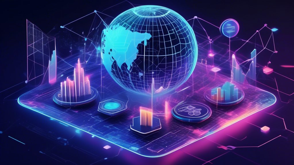 Create an image depicting a futuristic financial landscape teeming with dynamic, glowing elements symbolizing new crypto innovations. In the foreground, a digital globe made of interconnected blockchain patterns hovers, representing global reach. Surrounding it are holographic charts and graphs showing rising trends, hinting at exponential growth. Include visible obstacles such as abstract 3D barriers adorned with locks and regulatory symbols, illustrating challenges like regulation and technological barriers. Illuminated bridges and pathways composed of binary code suggest strategies and solutions for overcoming these hurdles, promoting global integration.