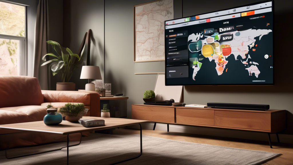 Create an image of a cozy living room with a smart TV as the focal point. On the screen, there