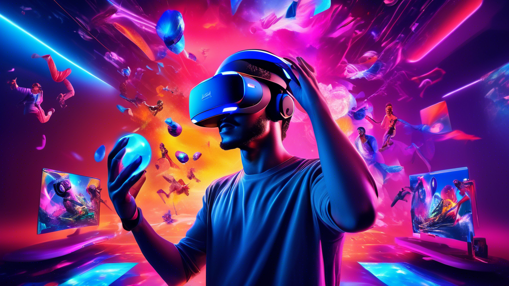 Create a vibrant and dynamic illustration showcasing a gamer immersed in a virtual reality experience using the Playstation 5 VR headset. The room is filled with vivid holographic visuals representing the most popular and thrilling games compatible with the headset. Captivate the viewer with a colorful palette and dynamic action scenes emerging from the VR space, highlighting the innovative and immersive capabilities of the Playstation 5 VR, as if they