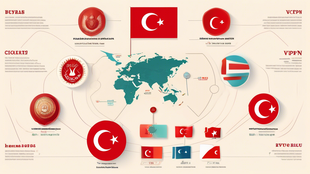 Create an informative and visually engaging infographic that highlights the top advantages of using a VPN in Turkey. Include elements such as a shield symbolizing privacy protection, a speedometer representing improved connection speeds, and icons showcasing bypassing censorship and regional blocks. Use a color palette that reflects the Turkish flag colors: red and white, and incorporate imagery of landmarks like the Hagia Sophia or the Bosphorus Bridge, with digital elements representing connectivity and online security.