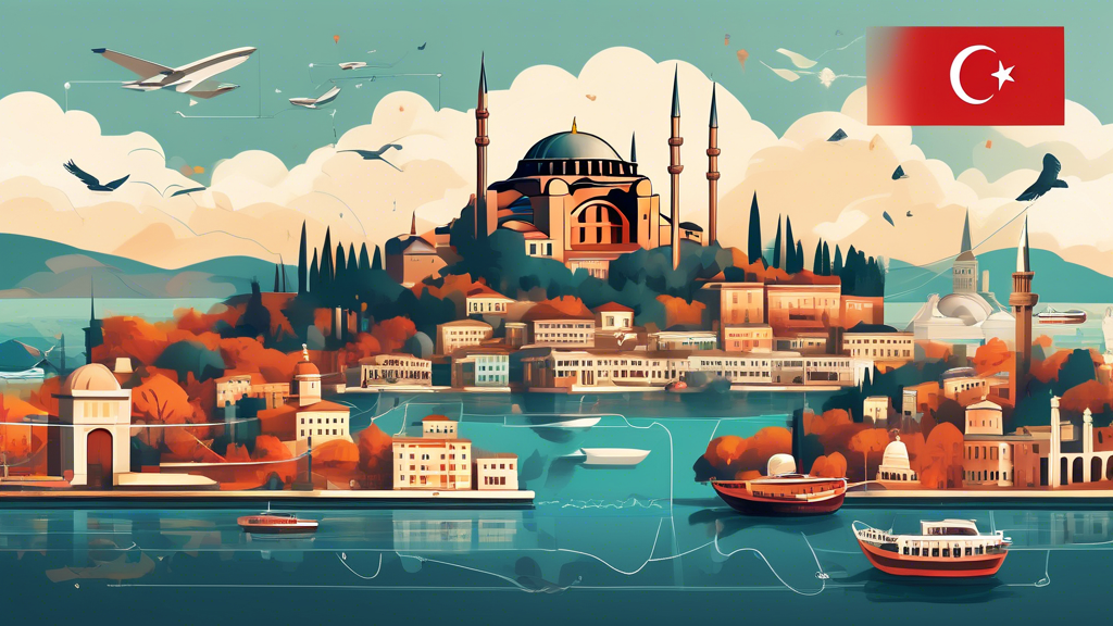 Create an image depicting a digital landscape of Turkey featuring iconic landmarks, such as the Hagia Sophia and the Bosphorus Bridge, intertwined with visual elements that symbolize VPN technology, like locks, shields, and network connections. Include a side-by-side comparison of three representations of VPN services with features highlighted, emphasizing secure connections and user privacy. The overall tone should convey a sense of security, connectivity, and openness in accessing the internet in Turkey.