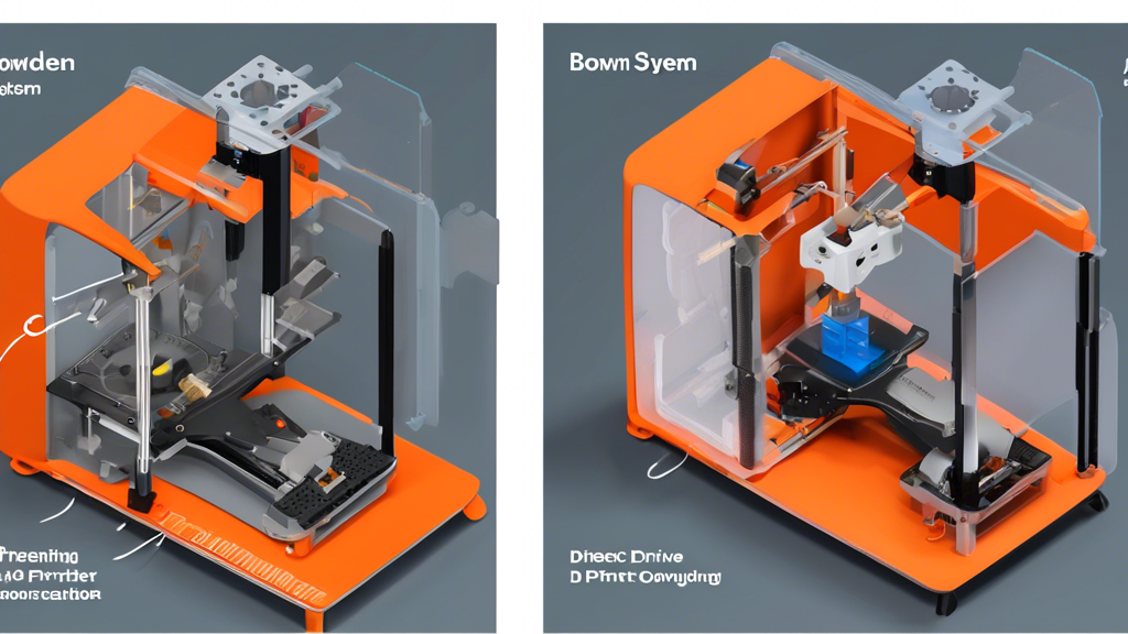 Create an image depicting a side-by-side comparison of different 3D printing technologies, focusing on the Bowden system, Direct Drive, and Delta printer configurations. The illustration should highlight key components and characteristics of each system, such as the extruder setup, motion mechanics, and typical applications. Include visual annotations to point out the unique aspects and advantages of the Bowden system, emphasizing its suitability for specific printing scenarios. The background should be a clean, organized workspace to convey a professional and educational setting.