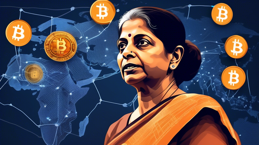Create an image that depicts Nirmala Sitharaman at a podium addressing a diverse audience, with visual elements symbolizing cryptocurrency such as digital coin graphics and blockchain patterns. Highlight key phrases floating in the air like international cooperation and regulating the booming industry. The background should include a map subtly merging India