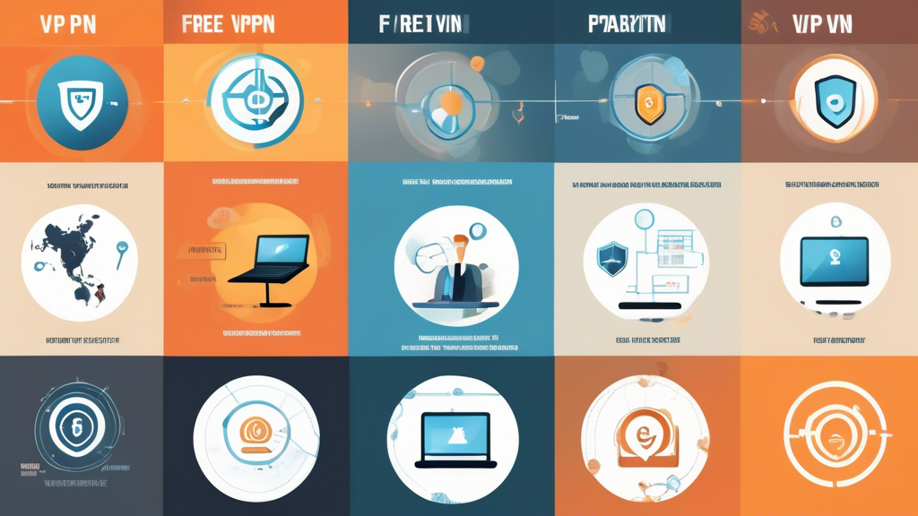 An infographic illustrating the key features and security traits of a free VPN for PC, with visual elements representing connectivity, encryption, and limitations of usage. Include a comparison chart style layout, with symbols for speed, privacy, and user ratings, set against a sleek, digital background that conveys technology and cyber safety.