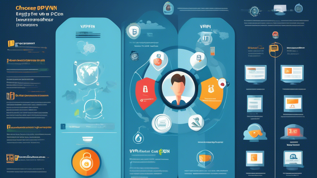 An informative and visually engaging infographic illustrating the factors to consider when choosing the best free VPN for PC. The image should prominently feature elements like speed, security, and privacy, using icons or symbols for each factor. Include a comparison chart showing key differences between various free VPNs, with colorful visuals and a user-friendly layout that highlights recommendations for secure and effective use. The style should be modern and tech-oriented, appealing to PC users looking for VPN options.