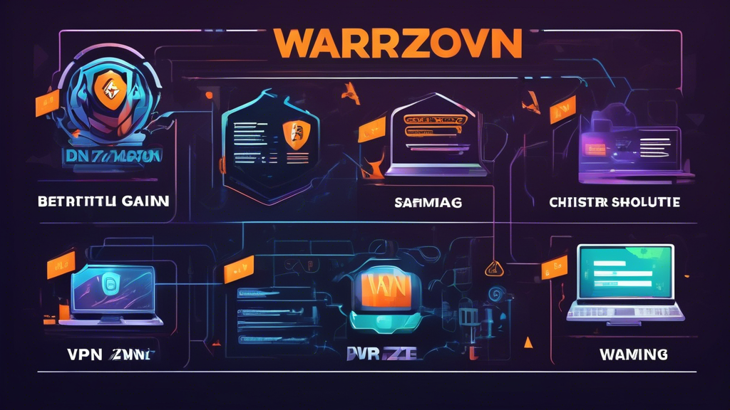 **DALL-E Prompt:** Create an engaging and informative graphic that illustrates the process of choosing the best VPN for Warzone. Include visual elements like a checklist highlighting criteria such as speed, security, and price, alongside logos of top recommended VPNs for gaming. Incorporate icons representing gaming, privacy, and fast internet to emphasize the specific needs of gamers. The background should be dynamic and game-themed, creating an atmosphere that resonates with Warzone players.
