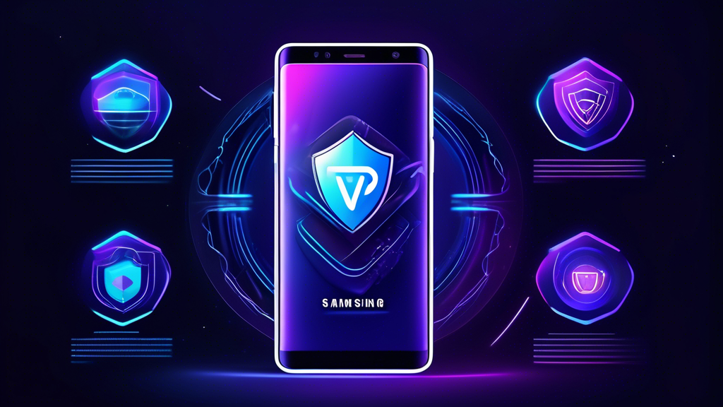 Create an image highlighting the Best VPNs for Samsung Phones in 2024 with a futuristic and sleek design. In the center, display a shiny, modern Samsung smartphone with a glowing digital shield icon overlaying the screen, symbolizing protection and security. Surround the phone with logos of top VPN services, each with distinct visual elements or colors to represent their unique selling points. Include graphical callouts with brief descriptions, expert ratings, and user reviews in an engaging way, giving a sense of credibility and value. The background should be a sophisticated blend of tech-inspired patterns and elements symbolizing connectivity and innovation, capturing the essence of advanced cybersecurity for mobile users.