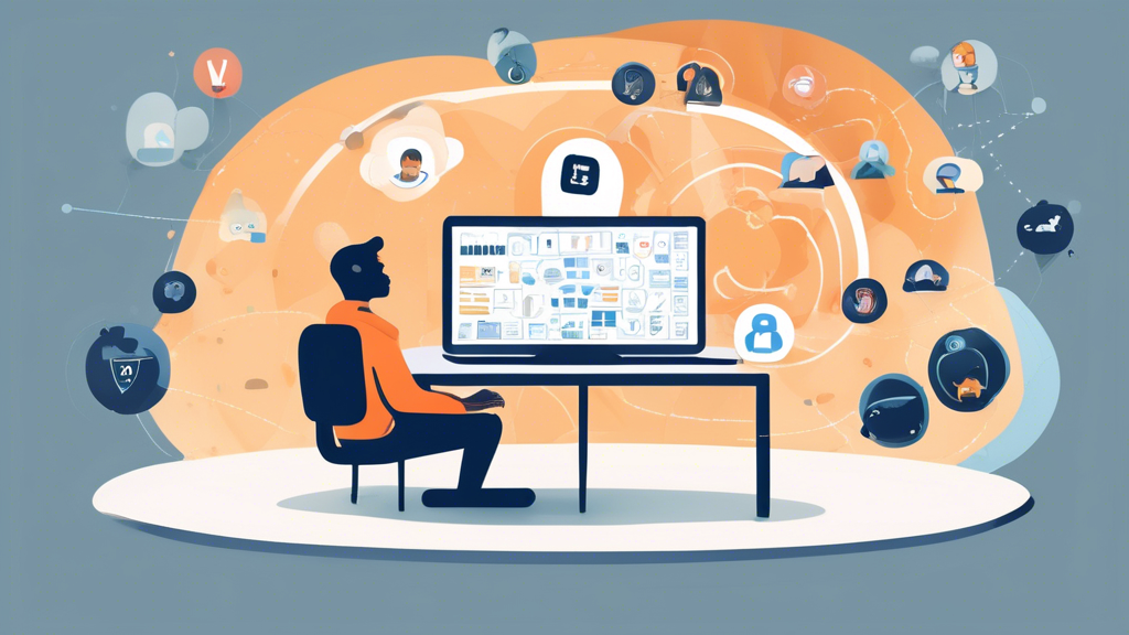 Create an image that visually represents the disadvantages of Betternet VPN. The image should depict a frustrated user sitting at a computer with slow internet speeds, surrounded by icons representing limited bandwidth, long customer support wait times, and comparison charts with other VPNs marked with better performance. Include a thought bubble showing concerns about privacy and security. The setting should be warm and relatable, emphasizing the challenges users may face when using Betternet VPN. Use a modern and clean graphic style.