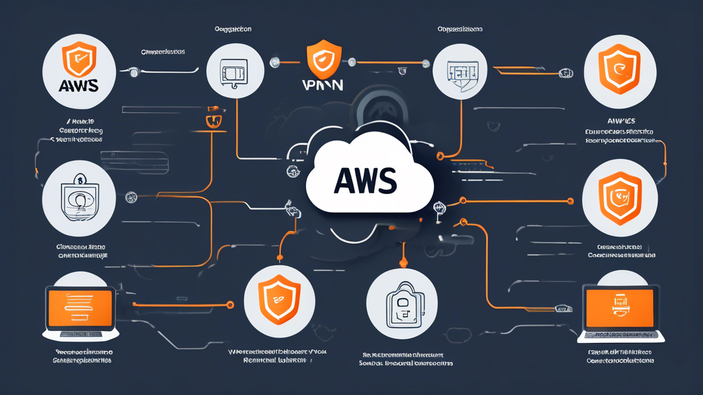 An informative illustration depicting the configuration and optimization process of AWS VPN for a business. The image should feature a step-by-step flowchart that includes key stages such as initial setup, security best practices, and common troubleshooting methods. Incorporate visual elements like cloud icons, padlocks for security, and gears to symbolize optimization. The overall tone should be professional and modern, targeting IT professionals and business managers interested in cloud security.