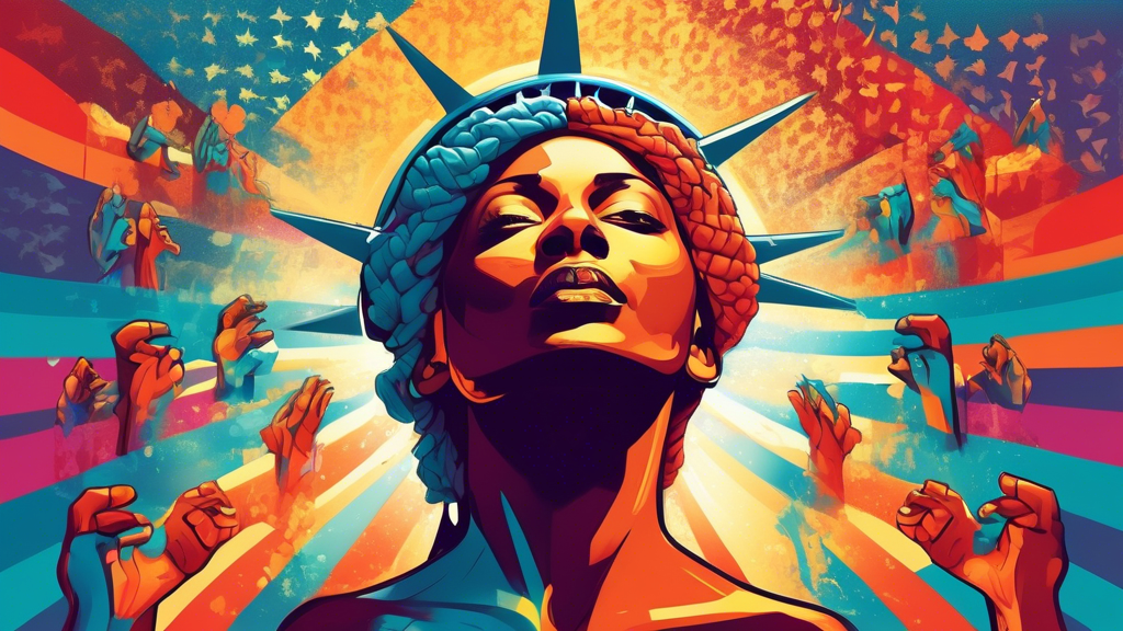 **DALL-E Prompt:** Create an illustration that visually represents the concept of freedom in its different forms: individual, societal, and political. Include symbolic imagery such as a person breaking free from chains to symbolize individual freedom, a diverse group of people united in harmony for societal freedom, and government scales to represent political freedom. Use a bright and uplifting color palette to evoke a sense of hope and possibility, while incorporating subtle elements that reflect human rights. Include the word freedome artistically woven into the background to enhance the theme.