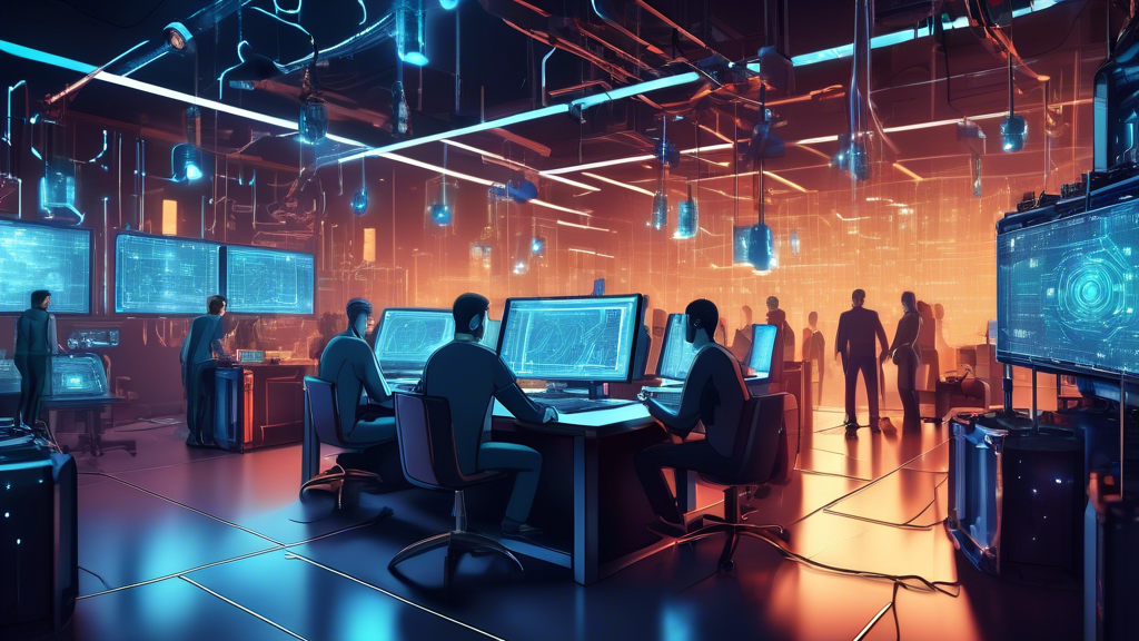 Create an image of a futuristic workshop filled with advanced cryptomining equipment, capturing the dynamic scene of enthusiasts solving common cryptomining challenges. Show individuals attentively maintaining hardware amidst a backdrop of illuminated, humming servers, with screens displaying blockchain data and energy-efficient setups. Add infographics scattered around the room highlighting tips and best practices for overcoming high energy usage and regulatory updates. Incorporate elements that symbolize innovation, such as glowing energy-efficient power sources and digital connections, to reflect the cutting-edge solutions emerging in the cryptomining industry.