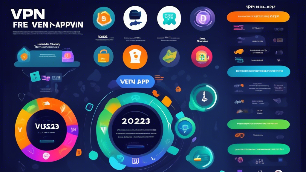 Create a detailed infographic showcasing the top free VPN apps of 2023. Include visual elements to represent key characteristics to consider in a free VPN app, such as security features, speed, and user interface. Incorporate review ratings and a comparison chart that highlights the differences in functionality and performance between these apps. Use vibrant colors and icons to enhance the understanding of each app